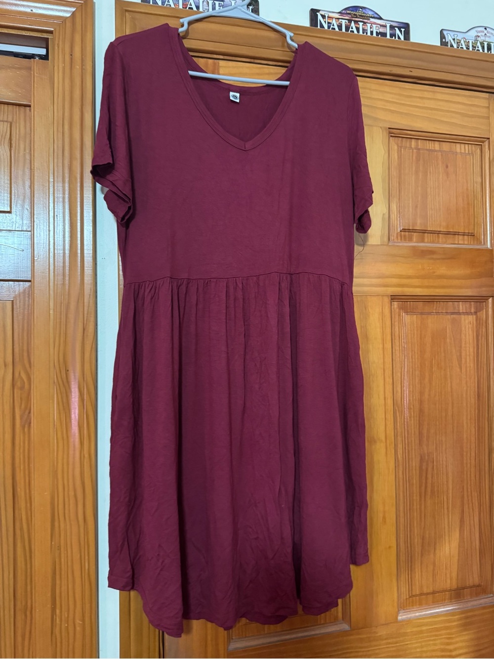 V-Neck Babydoll T-Shirt Dress in Wine